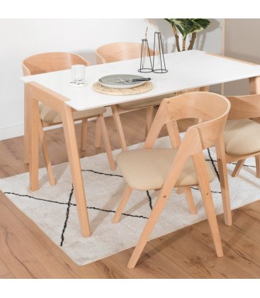 Mesa de comedor rectangular con sobre blanco y patas de madera ZIGGY