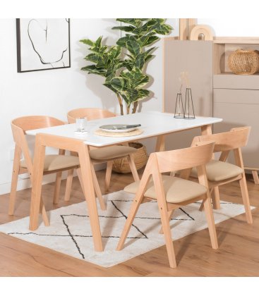 Mesa de comedor rectangular con sobre blanco y patas de madera ZIGGY