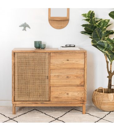 Aparador de madera maciza con 3 cajones y puerta de rejilla NUSA