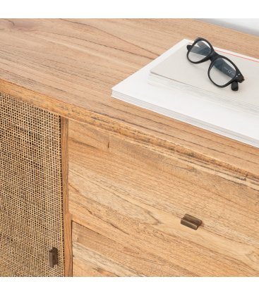 Aparador de madera maciza con 3 cajones y puerta de rejilla NUSA