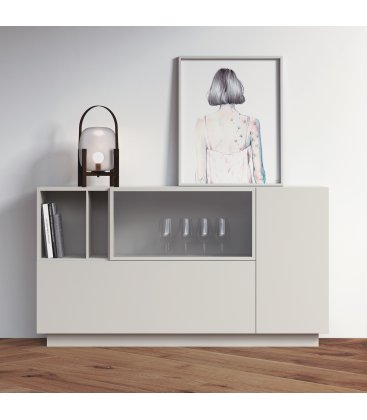 Aparador ZISA con 1 vitrina de cristal, 2 puertas y 2 huecos (varios acabados y apoyos)