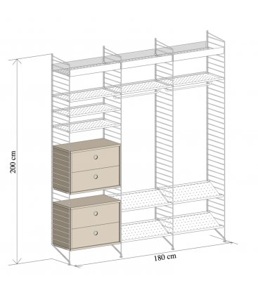 Estantería STRING de 3 módulos con 2 cajoneras y 4 baldas zapatero en beige y blanco.