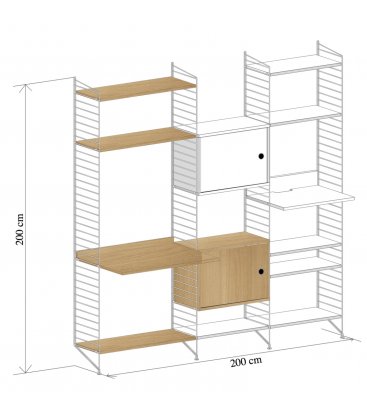Estantería STRING de 3 módulos con 2 cabinets, escritorio y multimedia en blanco y roble.
