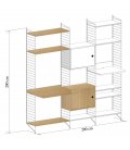 Estantería STRING de 3 módulos con 2 cabinets, escritorio y multimedia en blanco y roble.