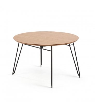 Mesa de comedor circular extensible con sobre de roble y patas de madera metálicas negras NOLE