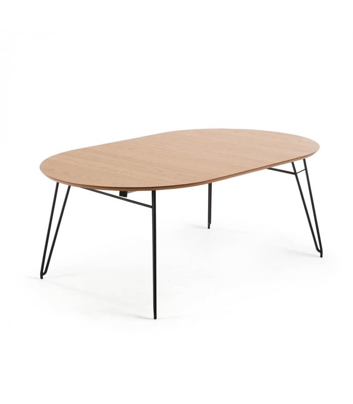 Mesa de comedor redonda extensible 100/180 en madera de roble con pata  metálica negra Anais