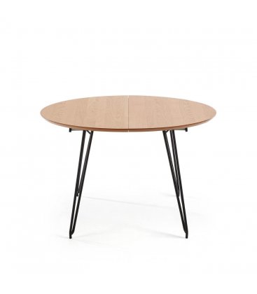 Mesa de comedor circular extensible con sobre de roble y patas de madera metálicas negras NOLE