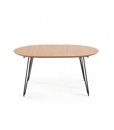 Mesa de comedor circular extensible con sobre de roble y patas de madera metálicas negras NOLE