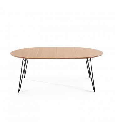 Mesa de comedor circular extensible con sobre de roble y patas de madera metálicas negras NOLE