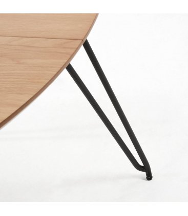 Mesa de comedor circular extensible con sobre de roble y patas de madera metálicas negras NOLE