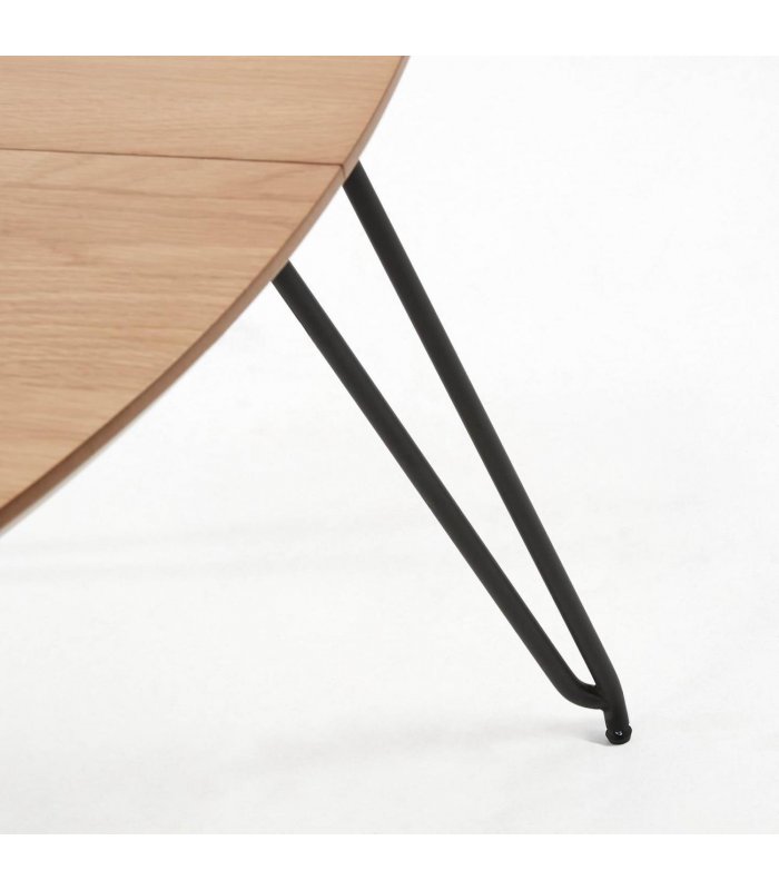 Mesa de comedor redonda extensible 100/180 en madera de roble con pata  metálica negra Anais