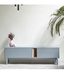 Mueble TV gris claro y madera con 2 puertas, 2 cajones...