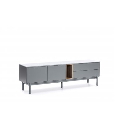 Mueble TV gris claro y madera con 2 puertas, 2 cajones push y 1 hueco KEV