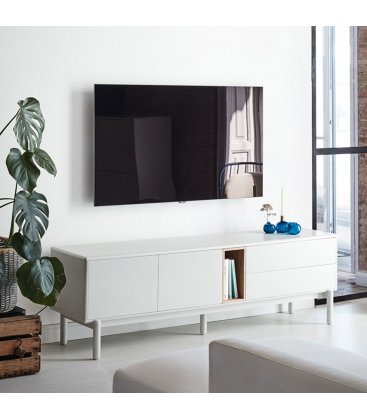 Mueble TV blanco roto y madera con 2 puertas, 2 cajones push y 1 hueco CORVO