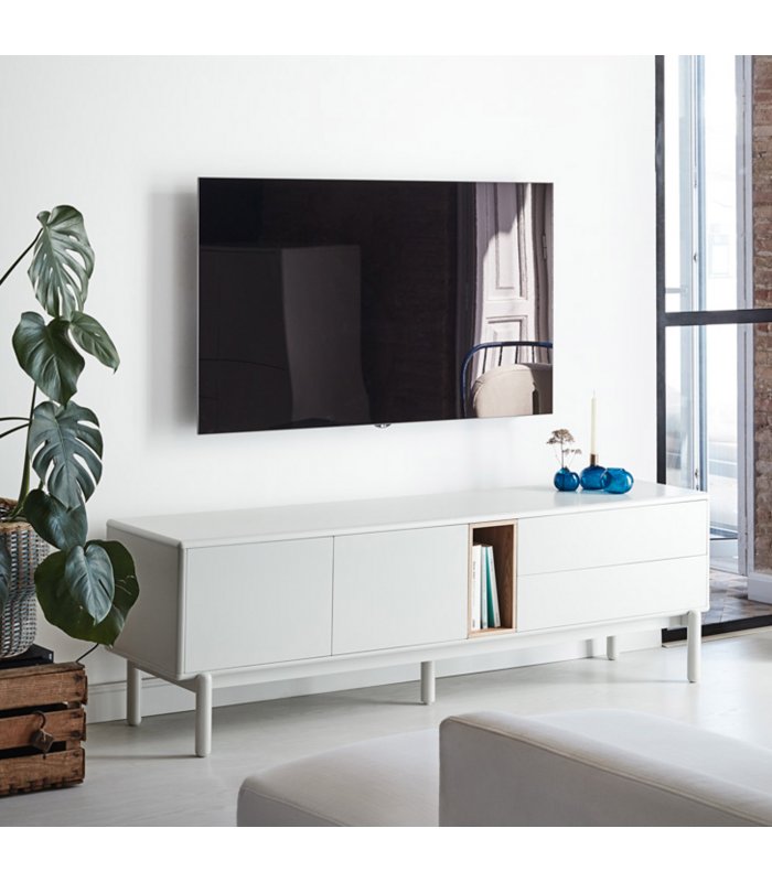 Mueble TV blanco roto y madera con 2 puertas, 2 cajones push y 1