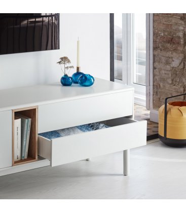 Mueble TV blanco roto y madera con 2 puertas, 2 cajones push y 1 hueco CORVO