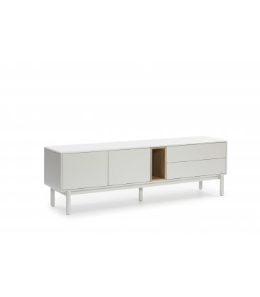 Mueble TV blanco roto y madera con 2 puertas, 2 cajones push y 1 hueco CORVO