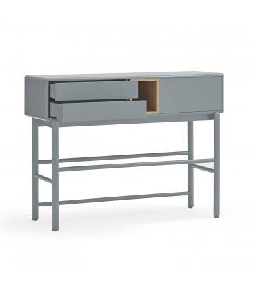 Consola gris claro y madera con 1 puerta, 2 cajones push y 1 hueco CORVO