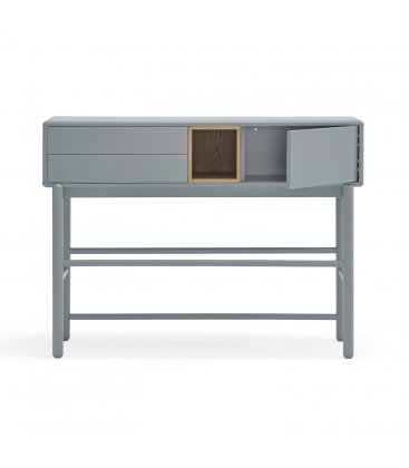 Consola gris claro y madera con 1 puerta, 2 cajones push y 1 hueco CORVO
