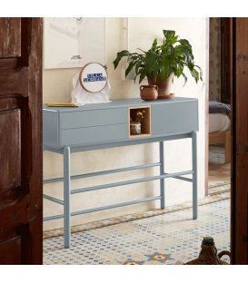 Consola gris claro y madera con 1 puerta, 2 cajones push...