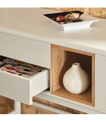 Consola blanco roto y madera con 1 puerta, 2 cajones push y 1 hueco CORVO