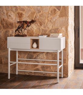 Consola blanco roto y madera con 1 puerta, 2 cajones push...
