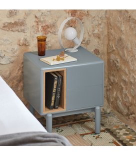 Mesita de noche gris claro y madera con 2 cajones push y... 2