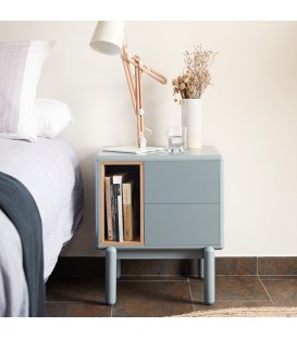 Mesita de noche gris claro y madera con 2 cajones push y...