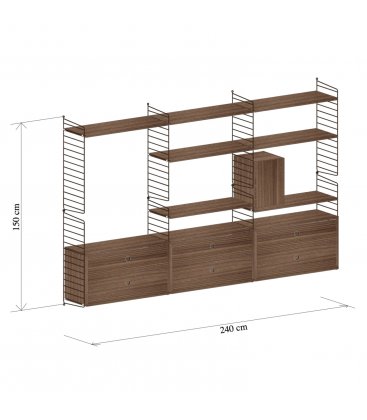 Estantería STRING de 3 módulos con 4 cabinets en nogal con paneles marrones.
