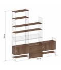 Estantería STRING de 3 módulos con 2 cabinets y 1 mesa plegable en nogal con paneles blancos.