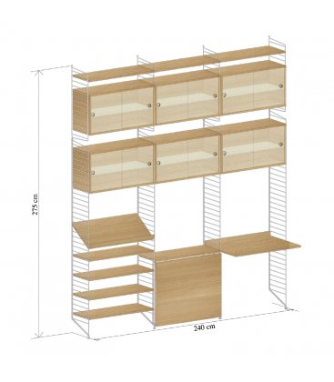 Estantería STRING con 6 cabinets de vidrio y 1 mesa plegable en roble y blanco.