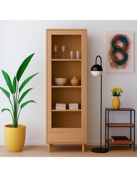 Vitrina de madera con 1 puerta de vidrio y cajón VISSE (varios acabados)