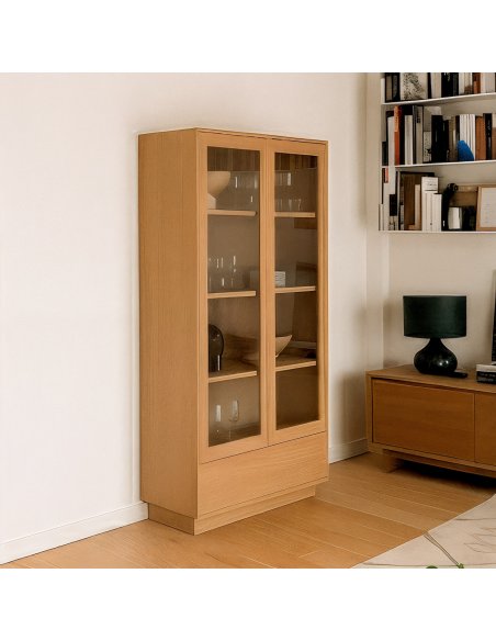 Vitrina de madera con 2 puertas de vidrio y cajón VISSE (varios acabados)