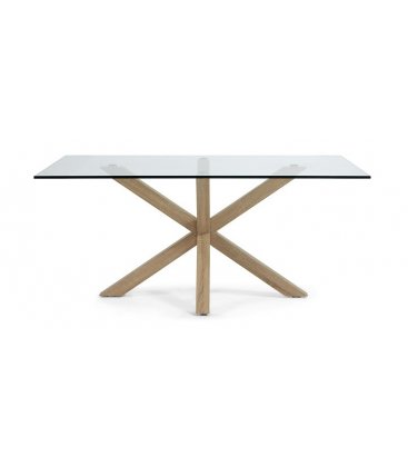 Mesa de comedor rectangular "AIRE". Patas madera y sobre de vidrio