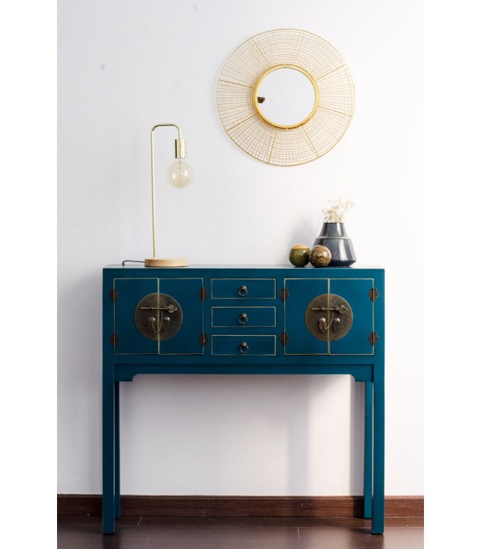 Consola de madera lacada en color azul petróleo de estilo asiático