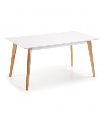 Mesa de comedor rectangular con sobre blanco y patas de madera roble MOI