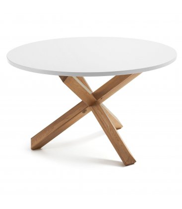 Mesa de comedor redonda "AIRE". Patas madera y sobre blanco