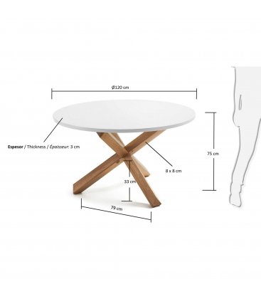 Mesa de comedor redonda "AIRE". Patas madera y sobre blanco