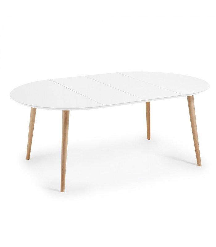 Mesa de comedor circular extensible sobre blanco y patas madera HILLS Mesa de comedor circular extensible sobre blanco y patas madera HILLS