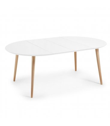 Mesa de comedor extensible con sobre blanco y patas de madera haya HILLS.