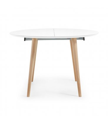 Mesa de comedor extensible con sobre blanco y patas de madera haya HILLS.