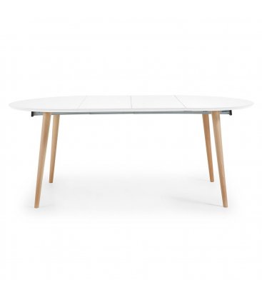 Mesa de comedor extensible con sobre blanco y patas de madera haya HILLS.