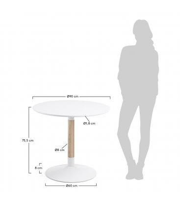 Mesa de comedor redonda con sobre blanco, pata madera fresno y pie metalico FLIC