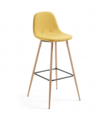 Taburete metal efecto madera tapizado mostaza LISS.
