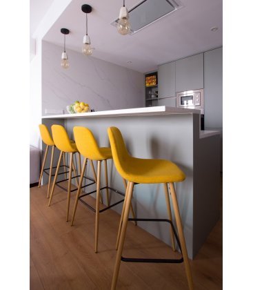 Taburete metal efecto madera tapizado mostaza LISS.