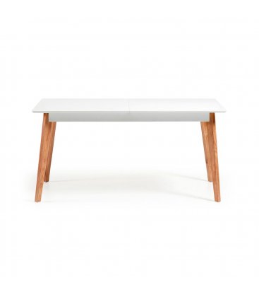Mesa de comedor rectangular EXTENSIBLE con sobre blanco y patas de madera roble MOI