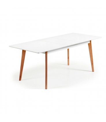 Mesa de comedor rectangular EXTENSIBLE con sobre blanco y patas de madera roble MOI