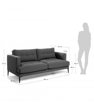 Sofá 3 plazas tapizado gris oscuro desenfundable con patas de metal negro MAD