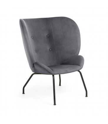 Sillón tapizado en terciopelo gris con patas metálicas en negro BUTTERFLY