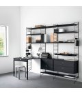 Estantería STRING de 3 módulos con 1 mesa plegable y 2 cajoneras en negro.
